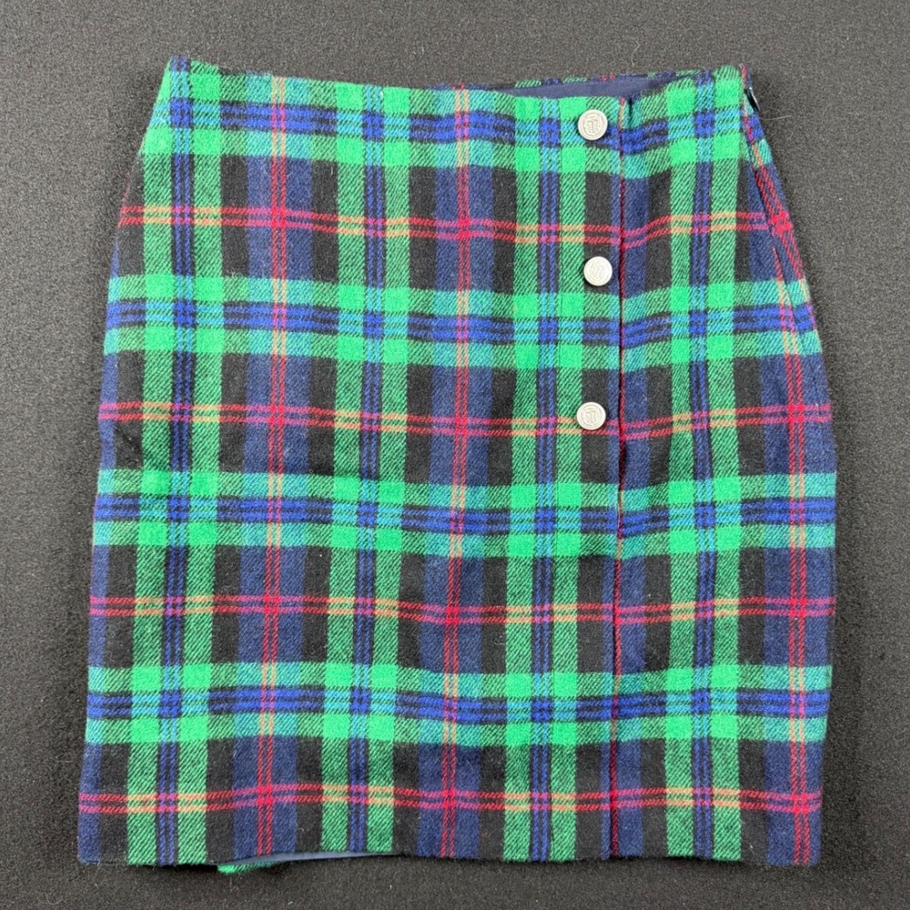 Talbots Green Plaid Wool Blend Mini Skirt Silver Crest Button Size 6